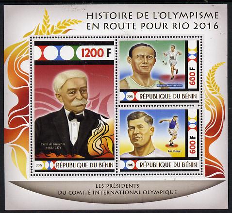 Benin 2015 Olympic History on Route to Rio 2016 #5 perf sheetlet containing 3 values unmounted mint, stamps on olympics, stamps on running, stamps on discus