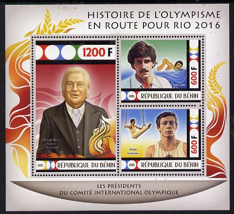 Benin 2015 Olympic History on Route to Rio 2016 #7 perf sheetlet containing 3 values unmounted mint, stamps on , stamps on  stamps on olympics, stamps on  stamps on  gym , stamps on  stamps on gymnastics, stamps on  stamps on swimming