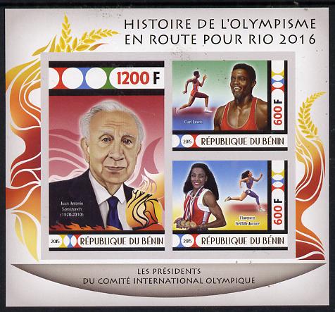 Benin 2015 Olympic History on Route to Rio 2016 #8 imperf sheetlet containing 3 values unmounted mint, stamps on olympics, stamps on running, stamps on 