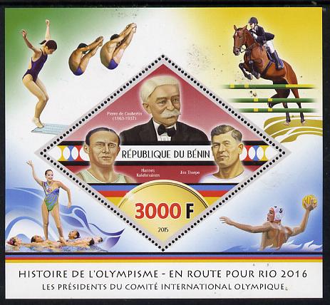 Benin 2015 Olympic History on Route to Rio 2016 #1 perf deluxe sheet containing one diamond shaped value unmounted mint, stamps on olympics, stamps on shaped, stamps on diamond, stamps on diving, stamps on horses, stamps on show jumping, stamps on water polo, stamps on swimming