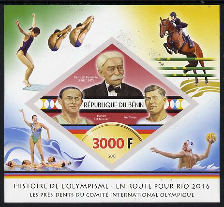 Benin 2015 Olympic History on Route to Rio 2016 #1 imperf deluxe sheet containing one diamond shaped value unmounted mint, stamps on olympics, stamps on shaped, stamps on diamond, stamps on diving, stamps on horses, stamps on show jumping, stamps on water polo, stamps on swimming