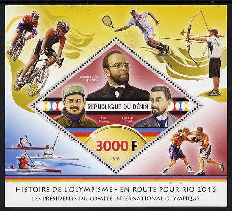 Benin 2015 Olympic History on Route to Rio 2016 #2 perf deluxe sheet containing one diamond shaped value unmounted mint, stamps on olympics, stamps on shaped, stamps on diamond, stamps on bicycles, stamps on cycling, stamps on archery, stamps on tennis, stamps on boxing, stamps on rowing
