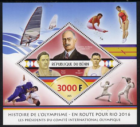 Benin 2015 Olympic History on Route to Rio 2016 #3 perf deluxe sheet containing one diamond shaped value unmounted mint, stamps on olympics, stamps on shaped, stamps on diamond, stamps on fencing, stamps on judo, stamps on martial arts, stamps on  gym , stamps on gymnastics, stamps on sailboard