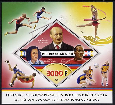 Benin 2015 Olympic History on Route to Rio 2016 #4 perf deluxe sheet containing one diamond shaped value unmounted mint, stamps on olympics, stamps on shaped, stamps on diamond, stamps on handball, stamps on wrestling, stamps on hurdles, stamps on  gym , stamps on gymnastics