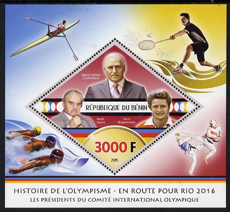 Benin 2015 Olympic History on Route to Rio 2016 #6 perf deluxe sheet containing one diamond shaped value unmounted mint, stamps on olympics, stamps on shaped, stamps on diamond, stamps on rowing, stamps on badminton, stamps on swimming, stamps on martial arts