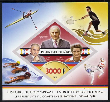 Benin 2015 Olympic History on Route to Rio 2016 #6 imperf deluxe sheet containing one diamond shaped value unmounted mint, stamps on olympics, stamps on shaped, stamps on diamond, stamps on rowing, stamps on badminton, stamps on swimming, stamps on martial arts