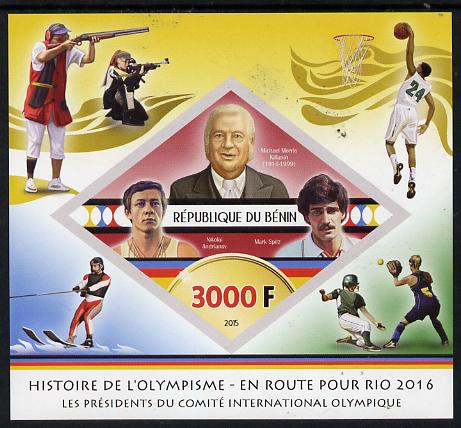 Benin 2015 Olympic History on Route to Rio 2016 #7 imperf deluxe sheet containing one diamond shaped value unmounted mint, stamps on olympics, stamps on shaped, stamps on diamond, stamps on rifle.shooting, stamps on water skiing, stamps on baseball, stamps on basketball