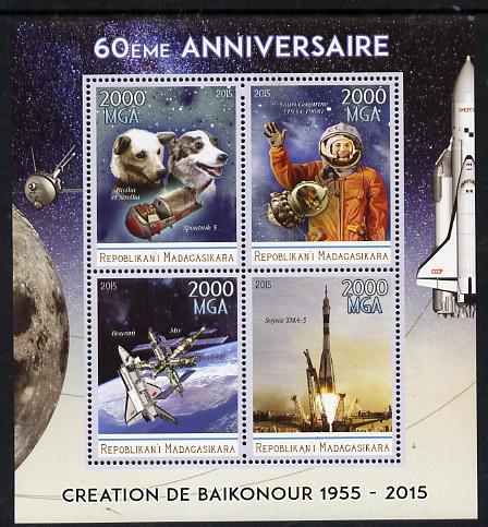 Madagascar 2015 60th Anniversary of Space Exploration perf sheetlet containing 4 values unmounted mint, stamps on space, stamps on shuttle, stamps on dogs