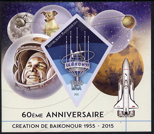 Madagascar 2015 60th Anniversary of Space Exploration imperf deluxe sheet containing one diamond shaped value unmounted mint, stamps on shaped, stamps on diamond, stamps on space, stamps on shuttle, stamps on dogs, stamps on 