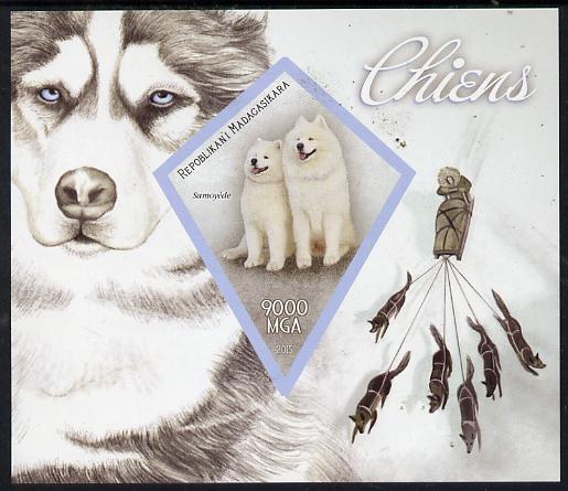 Madagascar 2015 Dogs imperf deluxe sheet containing one diamond shaped value unmounted mint, stamps on shaped, stamps on diamond, stamps on dogs