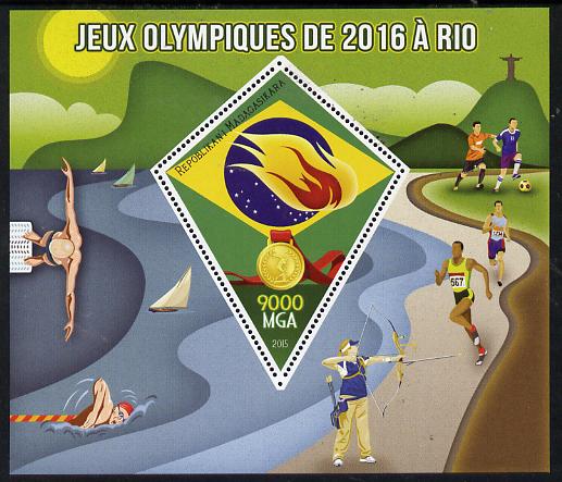 Madagascar 2015 Rio Olympic Games perf deluxe sheet containing one diamond shaped value unmounted mint, stamps on olympics, stamps on running, stamps on archery, stamps on football, stamps on swimming, stamps on diving, stamps on shaped, stamps on diamond