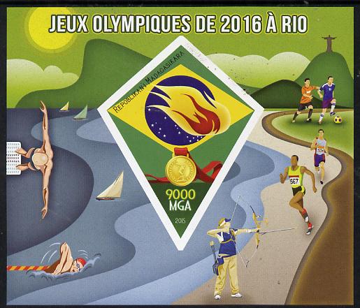 Madagascar 2015 Rio Olympic Games imperf deluxe sheet containing one diamond shaped value unmounted mint, stamps on olympics, stamps on running, stamps on archery, stamps on football, stamps on swimming, stamps on diving, stamps on shaped, stamps on diamond