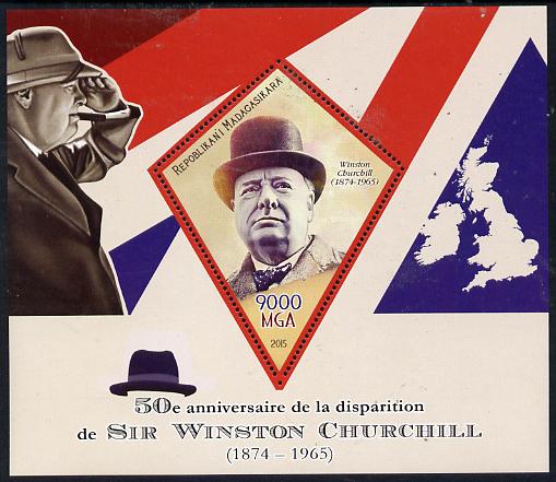 Madagascar 2015 50th Death Anniversary of Winston Churchill perf deluxe sheet containing one diamond shaped value unmounted mint, stamps on personalities, stamps on churchill, stamps on constitutions, stamps on  ww2 , stamps on masonry, stamps on masonics, stamps on , stamps on shaped, stamps on diamond