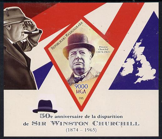 Madagascar 2015 50th Death Anniversary of Winston Churchill imperf deluxe sheet containing one diamond shaped value unmounted mint, stamps on personalities, stamps on churchill, stamps on constitutions, stamps on  ww2 , stamps on masonry, stamps on masonics, stamps on , stamps on shaped, stamps on diamond