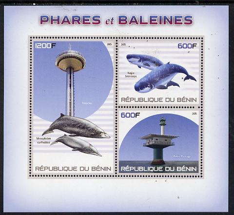 Benin 2015 Lighthouses & Whales perf sheet containing 3 values unmounted mint, stamps on lighthouses, stamps on whales