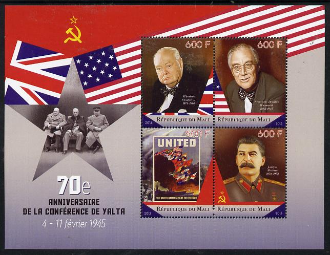 Mali 2015 70th Anniversary of Yalta Conference perf sheetlet containing set of 4 unmounted mint , stamps on , stamps on personalities, stamps on churchill, stamps on constitutions, stamps on  ww2 , stamps on masonry, stamps on masonics, stamps on stalin.roosevelt, stamps on usa presidents, stamps on flags