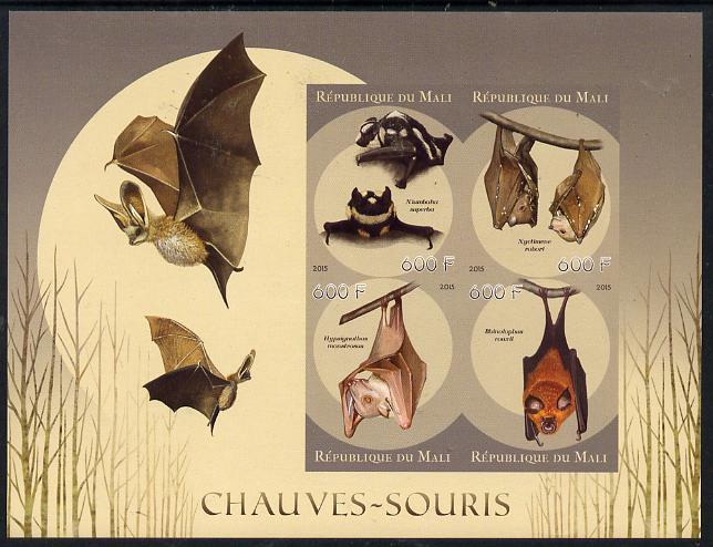 Mali 2015 Bats imperf sheetlet containing set of 4 unmounted mint, stamps on , stamps on bats, stamps on mammals
