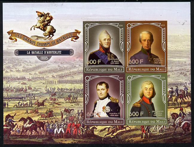 Mali 2015 Great Military Leaders - Battle of Austerlitz 1805 imperf sheetlet containing set of 4 unmounted mint , stamps on militaria, stamps on battles, stamps on personalities, stamps on napoleon, stamps on horses