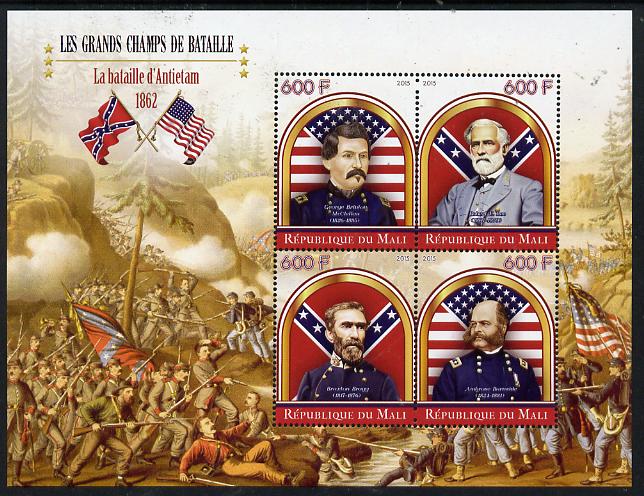 Mali 2015 Great Military Leaders - Battle of Antietam 1862 perf sheetlet containing set of 4 unmounted mint , stamps on militaria, stamps on battles, stamps on personalities, stamps on americana, stamps on flags
