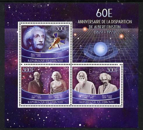 Djibouti 2015 60th Death Anniversay of Albert Einstein perf sheetlet containing set of 3 unmounted mint , stamps on personalities, stamps on einstein, stamps on science, stamps on physics, stamps on nobel, stamps on maths, stamps on space, stamps on judaica, stamps on atomics, stamps on mathematics, stamps on judaism, stamps on planets