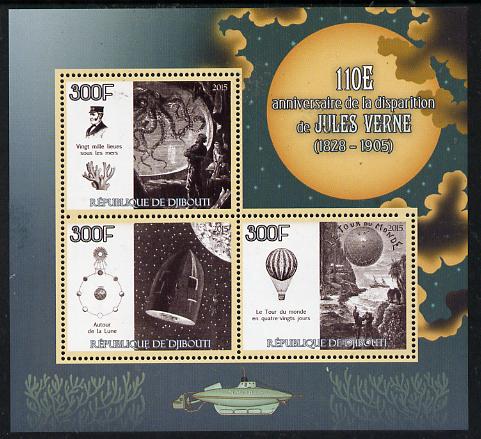 Djibouti 2015 110th Death Anniversay of Jules Verne perf sheetlet containing set of 3 unmounted mint , stamps on personalities, stamps on literature, stamps on sci-fi, stamps on verne, stamps on balloons