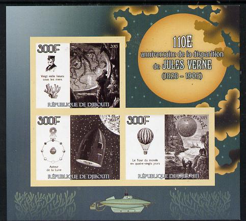 Djibouti 2015 110th Death Anniversay of Jules Verne imperf sheetlet containing set of 3 unmounted mint , stamps on personalities, stamps on literature, stamps on sci-fi, stamps on verne, stamps on balloons