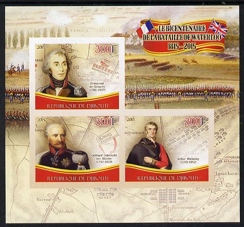 Djibouti 2015 Bicentenary of Battle of Waterloo imperf sheetlet containing set of 3 unmounted mint , stamps on militaria, stamps on battles, stamps on napoleon
