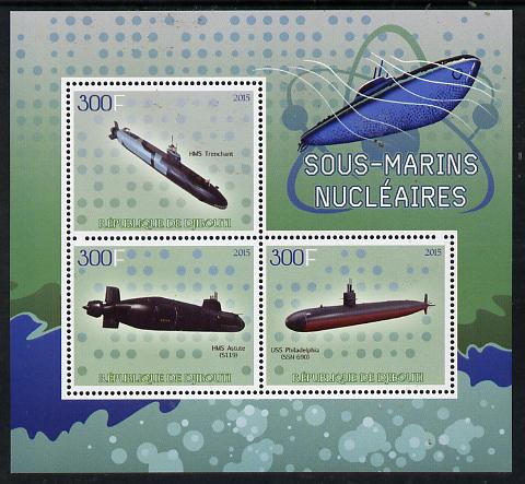 Djibouti 2015 Submarines perf sheetlet containing set of 3 unmounted mint , stamps on ships, stamps on subs, stamps on submarines