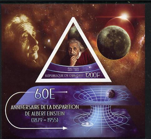 Djibouti 2015 60th Death Anniversay of Albert Einstein imperf s/sheet containing one triangular value unmounted mint, stamps on , stamps on  stamps on personalities, stamps on  stamps on einstein, stamps on  stamps on science, stamps on  stamps on physics, stamps on  stamps on nobel, stamps on  stamps on maths, stamps on  stamps on space, stamps on  stamps on judaica, stamps on  stamps on atomics, stamps on  stamps on mathematics, stamps on  stamps on judaism, stamps on  stamps on planets, stamps on  stamps on shaped, stamps on  stamps on triangulars