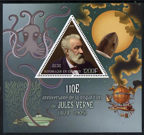 Djibouti 2015 110th Death Anniversay of Jules Verne perf s/sheet containing one triangular value unmounted mint, stamps on personalities, stamps on literature, stamps on sci-fi, stamps on verne, stamps on balloons, stamps on shaped, stamps on triangulars
