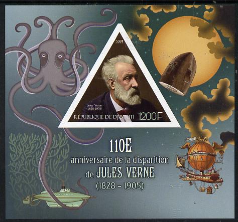 Djibouti 2015 110th Death Anniversay of Jules Verne imperf s/sheet containing one triangular value unmounted mint, stamps on personalities, stamps on literature, stamps on sci-fi, stamps on verne, stamps on balloons, stamps on shaped, stamps on triangulars