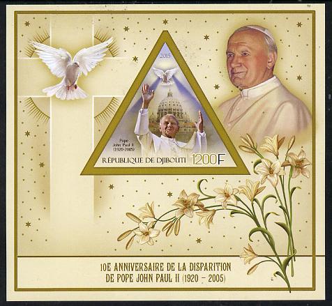 Djibouti 2015 10th Death Anniversay of Pope John Paul II imperf s/sheet containing one triangular value unmounted mint, stamps on , stamps on  stamps on personalities, stamps on  stamps on pope, stamps on  stamps on religion, stamps on  stamps on popes, stamps on  stamps on shaped, stamps on  stamps on triangulars