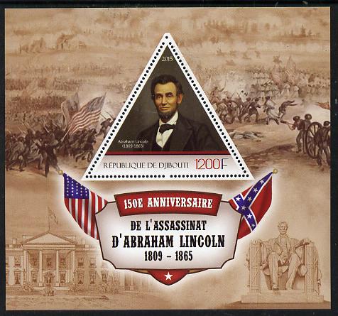 Djibouti 2015 150th Anniversay Assassination of Abraham Lincoln perf s/sheet containing one triangular value unmounted mint, stamps on personalities, stamps on lincoln, stamps on constitutions, stamps on usa presidents, stamps on americana, stamps on slavery, stamps on racism, stamps on theatres, stamps on shaped, stamps on triangulars