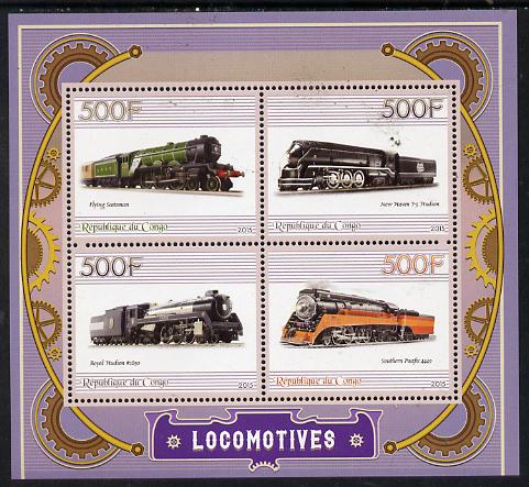 Congo 2015 Steam Locomotives perf sheetlet containing set of 4 unmounted mint, stamps on , stamps on  stamps on railways
