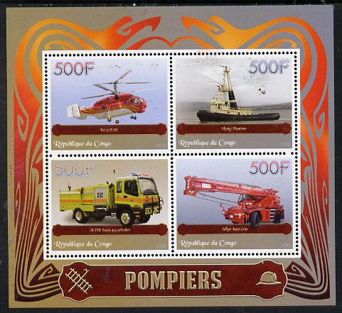 Congo 2015 Fire Services perf sheetlet containing set of 4 unmounted mint, stamps on aviation, stamps on fire, stamps on helicopters, stamps on ships, stamps on trucks
