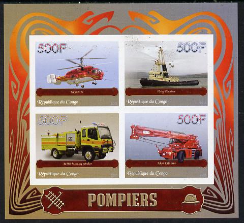 Congo 2015 Fire Services imperf sheetlet containing set of 4 unmounted mint, stamps on aviation, stamps on fire, stamps on helicopters, stamps on ships, stamps on trucks
