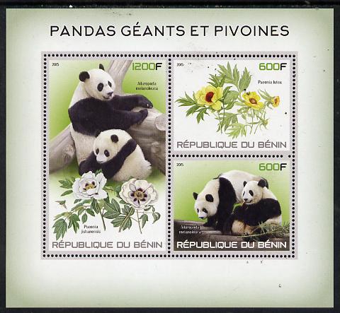Benin 2015 Giant Pandas & Peonies perf sheet containing 3 values unmounted mint, stamps on pandas, stamps on bears, stamps on flowers