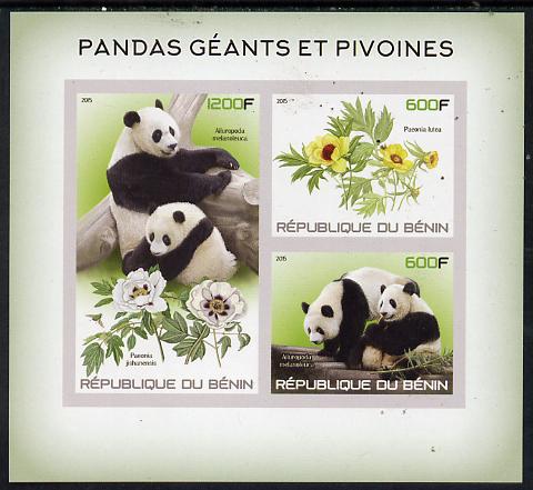 Benin 2015 Giant Pandas & Peonies imperf sheet containing 3 values unmounted mint, stamps on pandas, stamps on bears, stamps on flowers