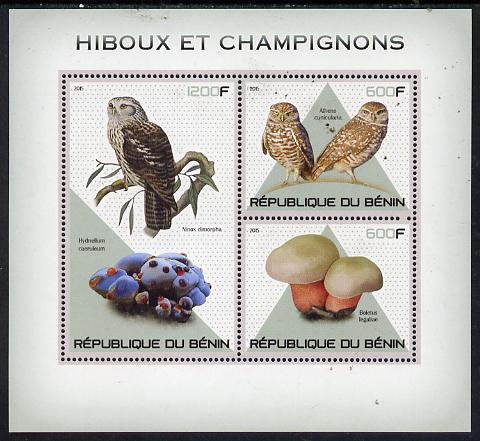 Benin 2015 Owls & Fungi perf sheet containing 3 values unmounted mint, stamps on birds, stamps on birds of prey, stamps on owls, stamps on fungi