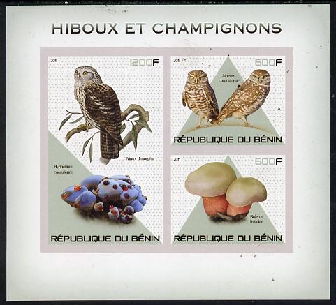 Benin 2015 Owls & Fungi imperf sheet containing 3 values unmounted mint, stamps on , stamps on  stamps on birds, stamps on  stamps on birds of prey, stamps on  stamps on owls, stamps on  stamps on fungi