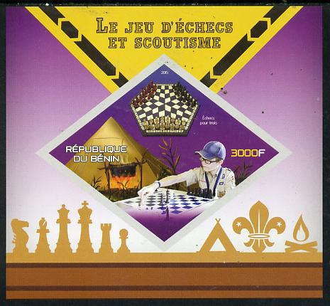 Benin 2015 Chess & Scouts imperf deluxe sheet containing one diamond shaped value unmounted mint, stamps on chess, stamps on scouts, stamps on shaped, stamps on diamond