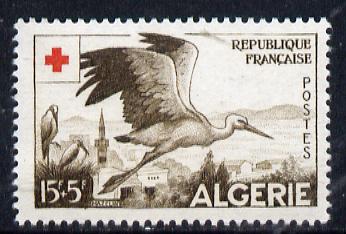 Algeria 1957 Red Cross Fund 15f+5f (Stork) unmounted mint SG 374*, stamps on medical, stamps on red cross, stamps on birds, stamps on stork