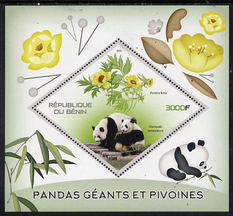 Benin 2015 Giant Pandas & Peonies perf deluxe sheet containing one diamond shaped value unmounted mint, stamps on pandas, stamps on bears, stamps on flowers, stamps on shaped, stamps on diamond