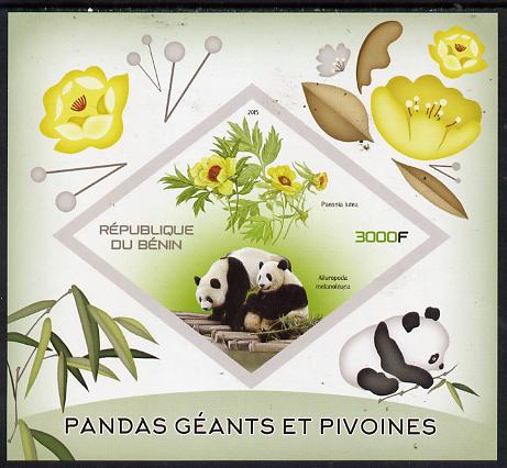 Benin 2015 Giant Pandas & Peonies imperf deluxe sheet containing one diamond shaped value unmounted mint, stamps on pandas, stamps on bears, stamps on flowers, stamps on shaped, stamps on diamond