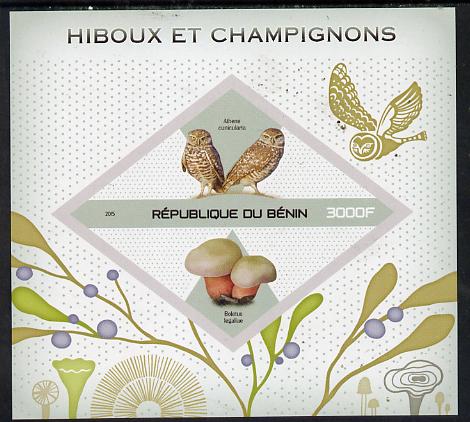 Benin 2015 Owls & Fungi imperf deluxe sheet containing one diamond shaped value unmounted mint, stamps on , stamps on shaped, stamps on diamondbirds, stamps on birds of prey, stamps on owls, stamps on fungi
