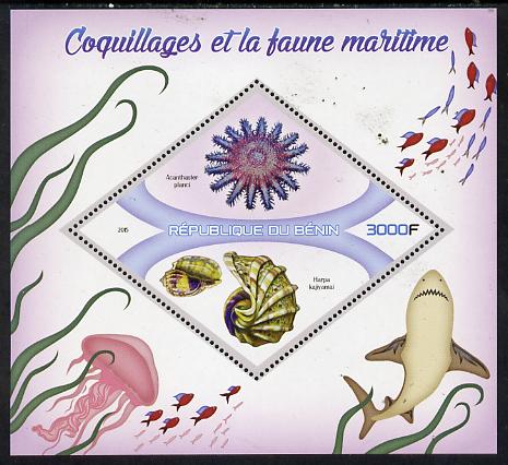 Benin 2015 Shells & Marine Life perf deluxe sheet containing one diamond shaped value unmounted mint, stamps on shells, stamps on marine life, stamps on shaped, stamps on diamond