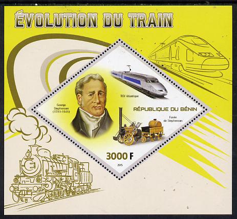 Benin 2015 Evolution of the Train perf deluxe sheet containing one diamond shaped value unmounted mint, stamps on railways, stamps on shaped, stamps on diamond