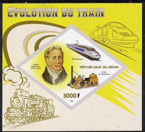Benin 2015 Evolution of the Train imperf deluxe sheet containing one diamond shaped value unmounted mint, stamps on railways, stamps on shaped, stamps on diamond