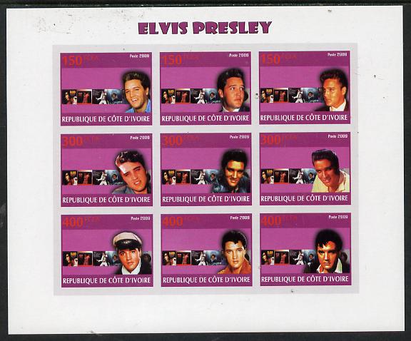 Ivory Coast 2009 Elvis Presley imperf sheetlet containing 9 values unmounted mint, stamps on , stamps on  stamps on personalities, stamps on  stamps on elvis, stamps on  stamps on music, stamps on  stamps on films, stamps on  stamps on cinema, stamps on  stamps on movies, stamps on  stamps on pops, stamps on  stamps on rock
