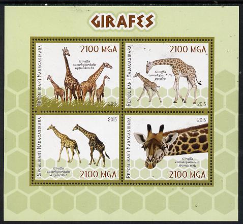 Madagascar 2015 Giraffes perf sheetlet containing 4 values unmounted mint, stamps on animals, stamps on giraffes